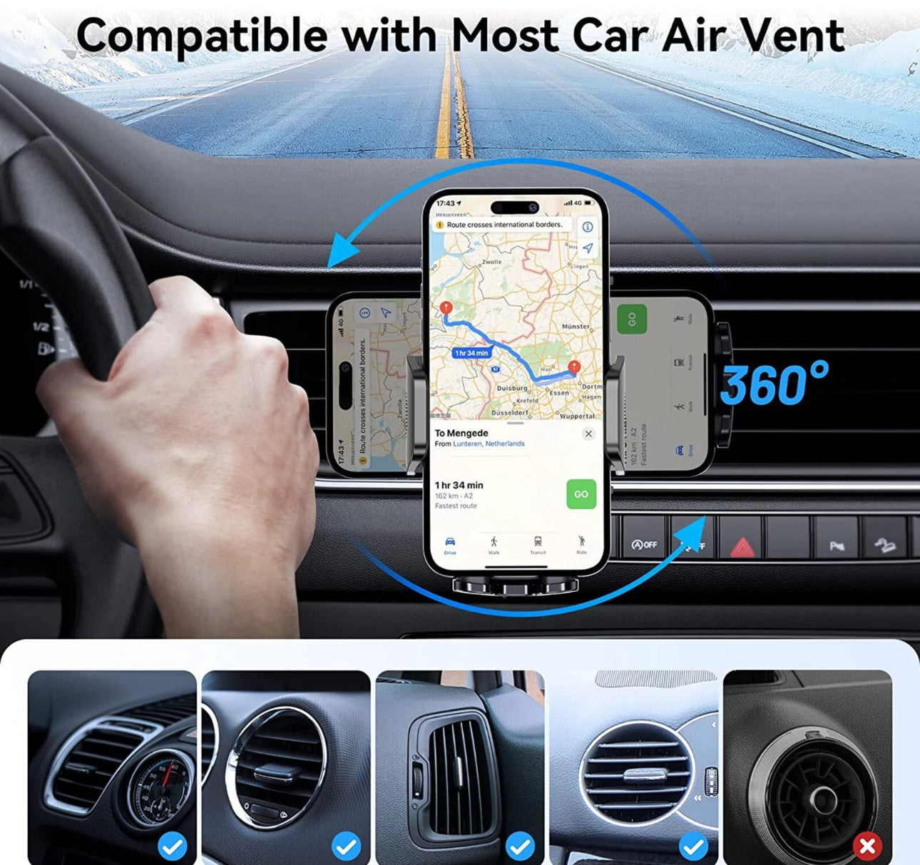 360 Car Air Vent Phone Holder Cradle for iPhone 17, 16e, 16, 15 Pro Max, 15+, 16+ - AF INFINITY